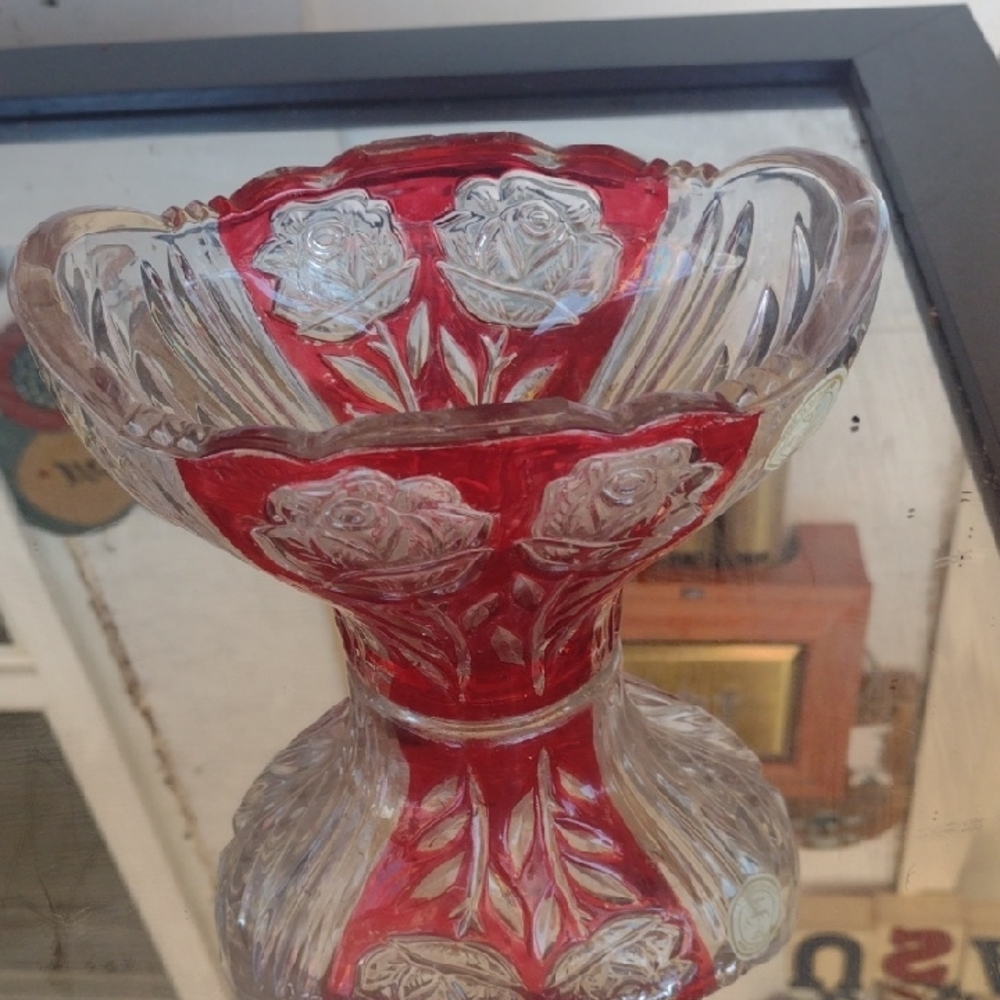 Red and Clear Glass Vase with Rose Design